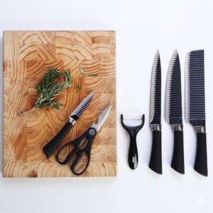 طقم سكاكين حاد سيراميك اسود سويسري 6 قطع بمقشرة ومقص