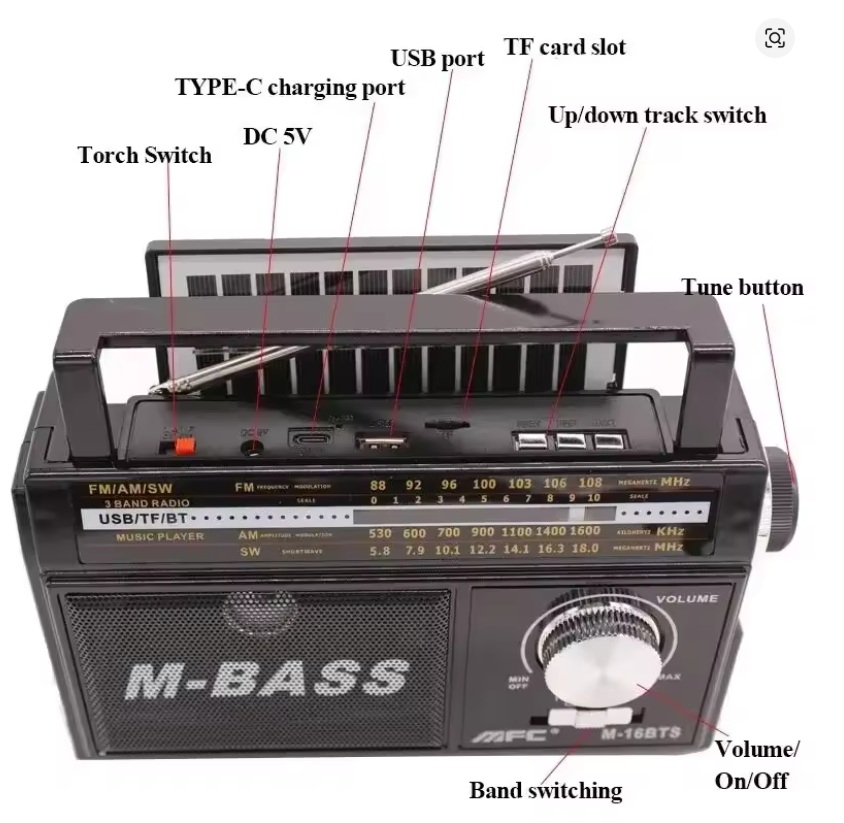 راديو يعمل على طاقة شمسية و كهربائي و على بطارية و فيه سماعة بلوتوث - الصورة 7